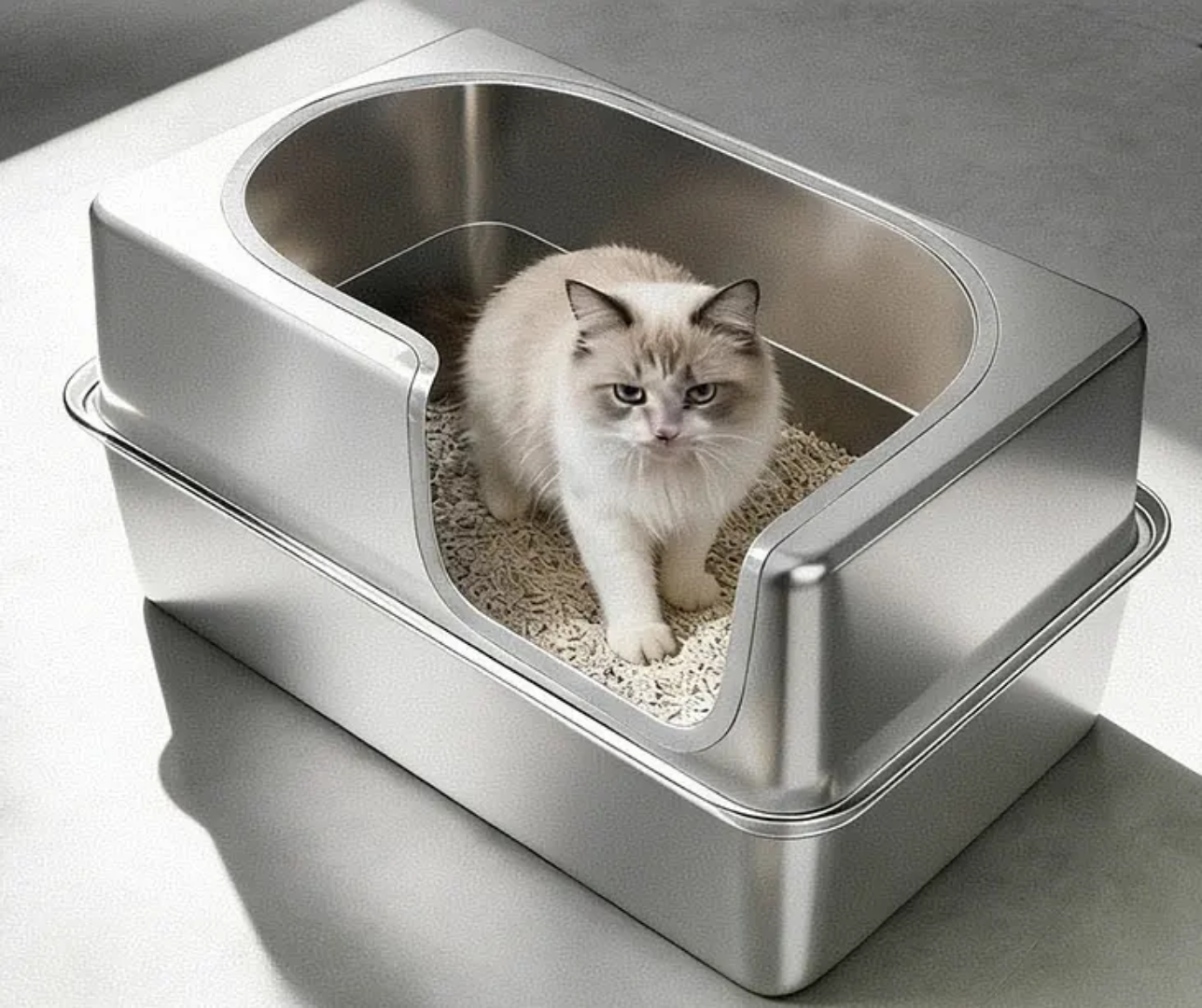Bac à litière en acier inoxydable PinoPet House pour chat, vue d'ensemble