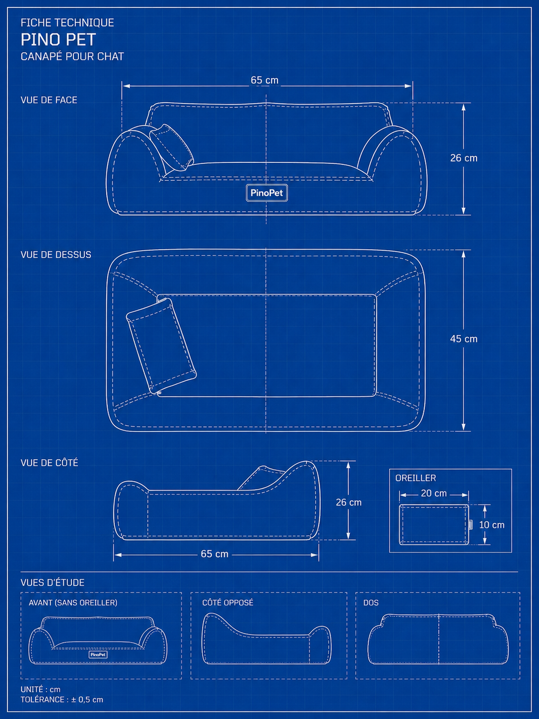 Blueprint of a premium cat sofa with dimensions and design details for comfort and style.